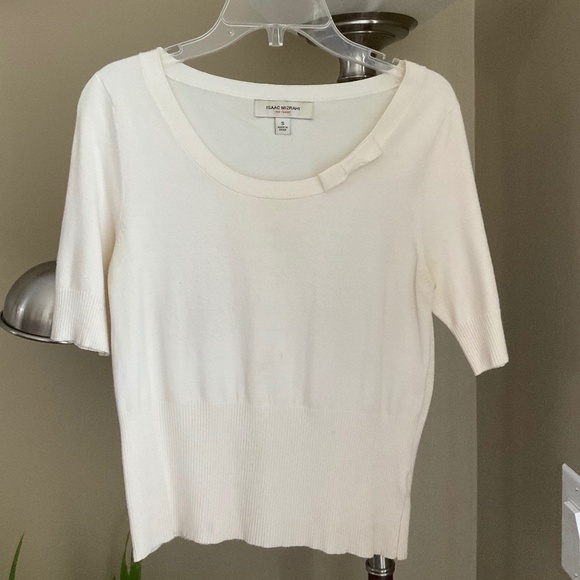 Isaac Mizrahi Short Sleeve White/Light Beige Sweater, Size Small - Picture 1 of 3